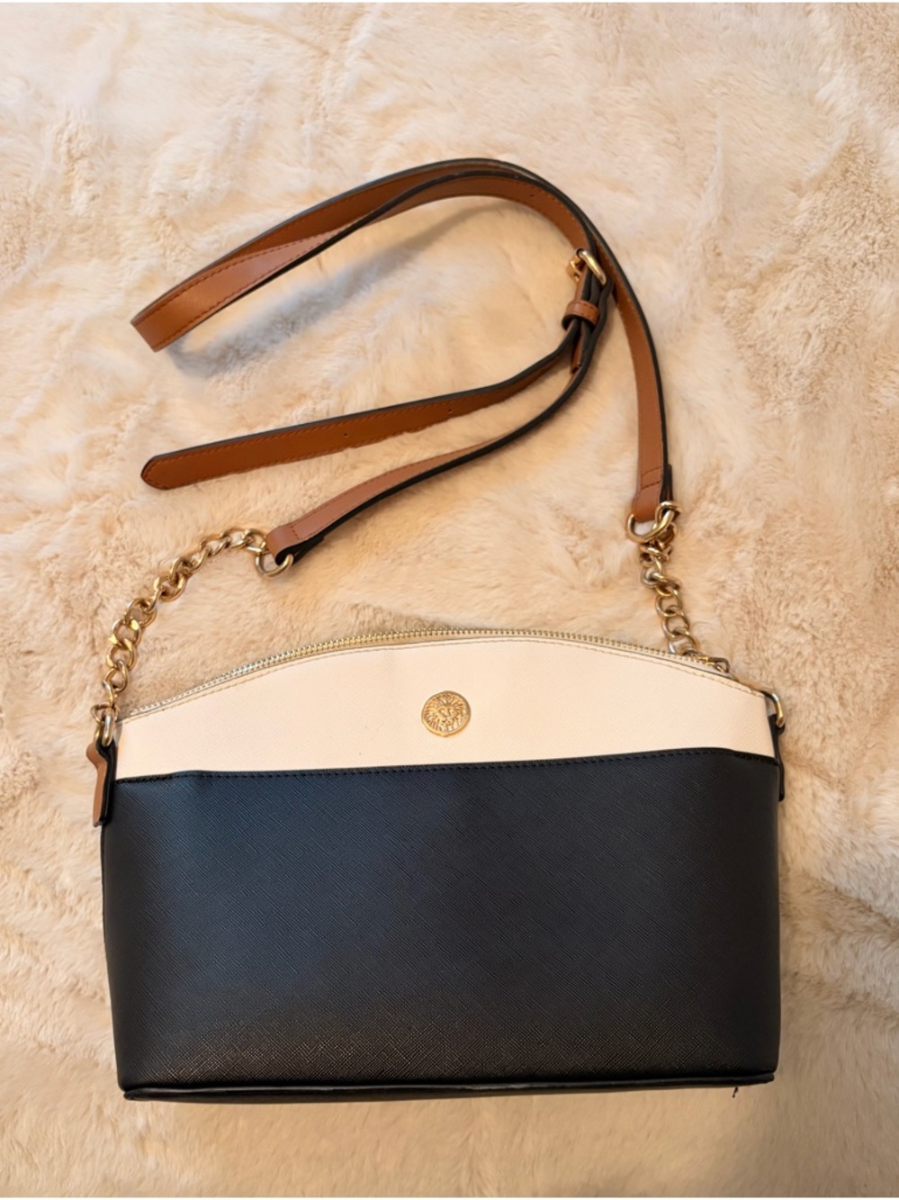 Anne Klein Black and Cream Leather Chain-Trim Crossbody